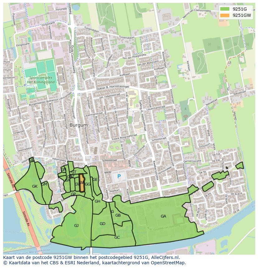 Afbeelding van het postcodegebied 9251 GW op de kaart.