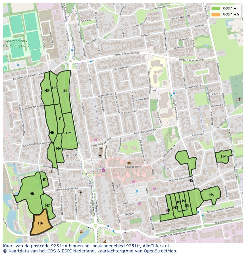 Afbeelding van het postcodegebied 9251 HA op de kaart.