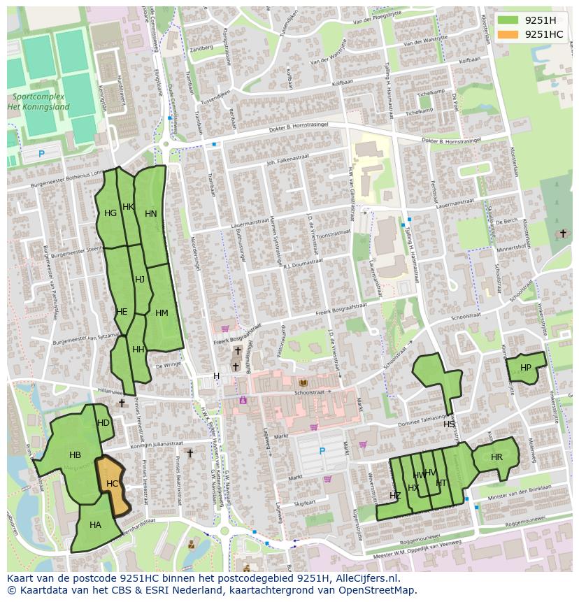 Afbeelding van het postcodegebied 9251 HC op de kaart.