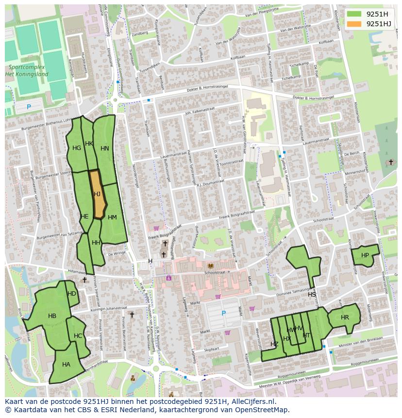 Afbeelding van het postcodegebied 9251 HJ op de kaart.