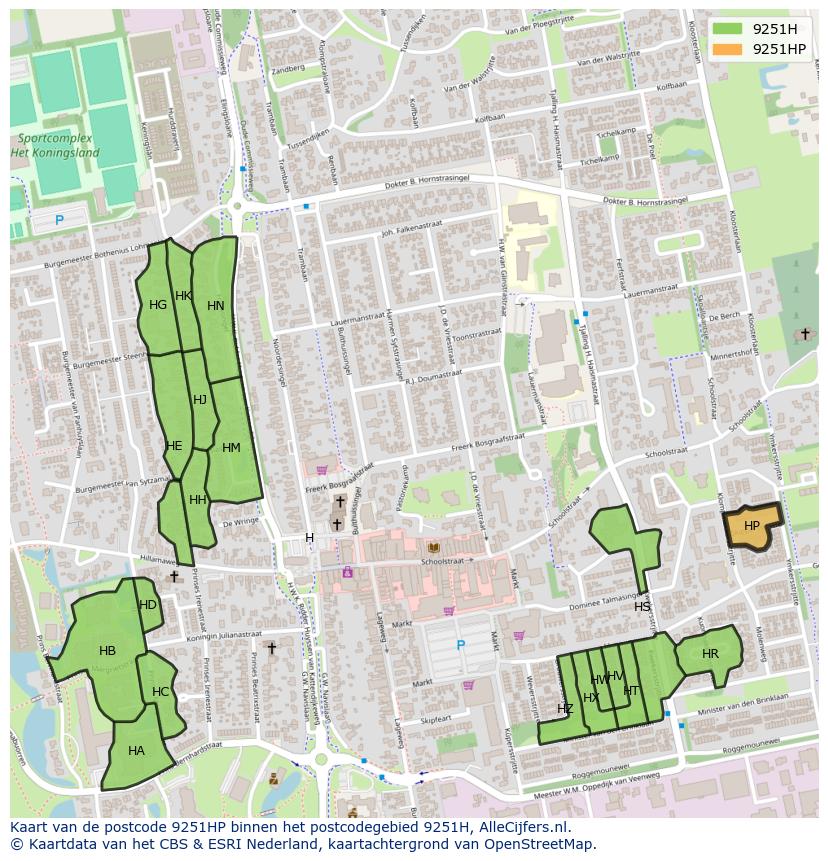 Afbeelding van het postcodegebied 9251 HP op de kaart.