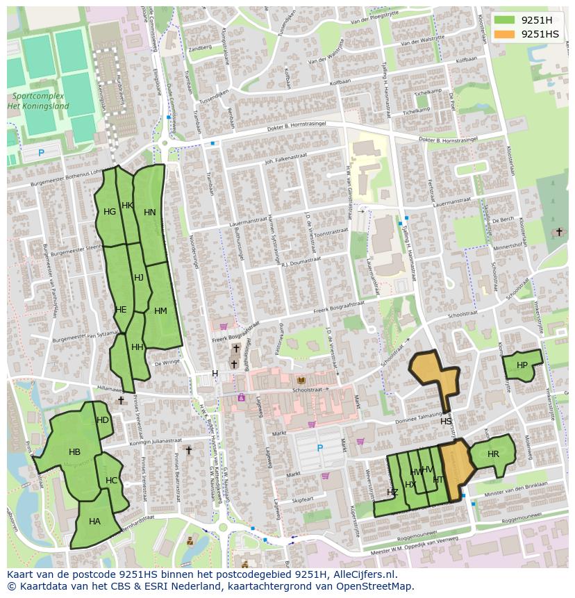 Afbeelding van het postcodegebied 9251 HS op de kaart.