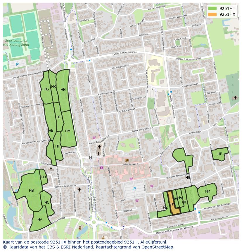 Afbeelding van het postcodegebied 9251 HX op de kaart.