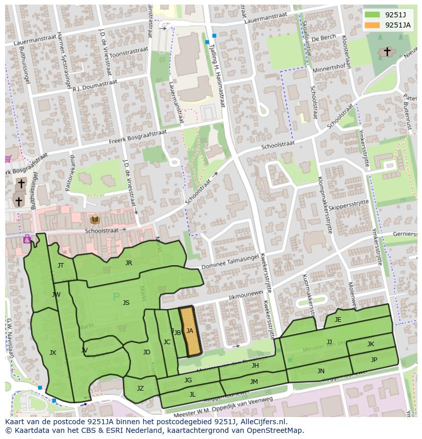 Afbeelding van het postcodegebied 9251 JA op de kaart.