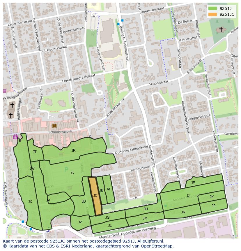 Afbeelding van het postcodegebied 9251 JC op de kaart.