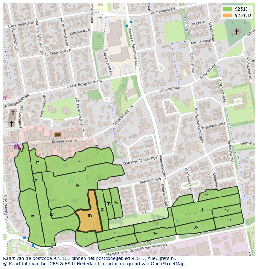 Afbeelding van het postcodegebied 9251 JD op de kaart.