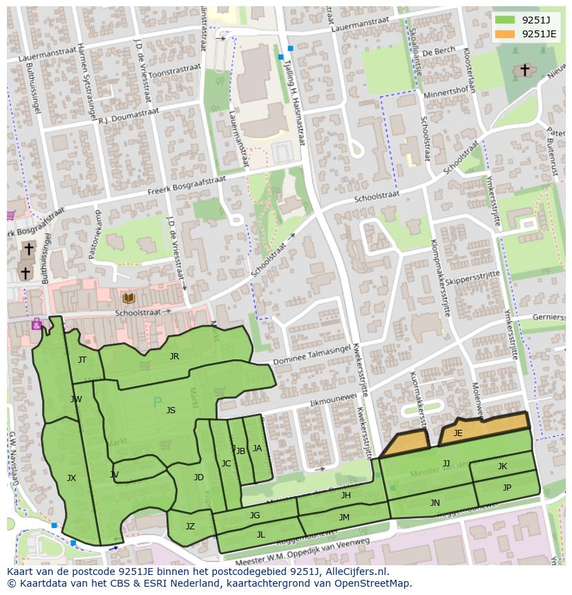 Afbeelding van het postcodegebied 9251 JE op de kaart.