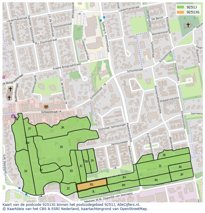 Afbeelding van het postcodegebied 9251 JG op de kaart.