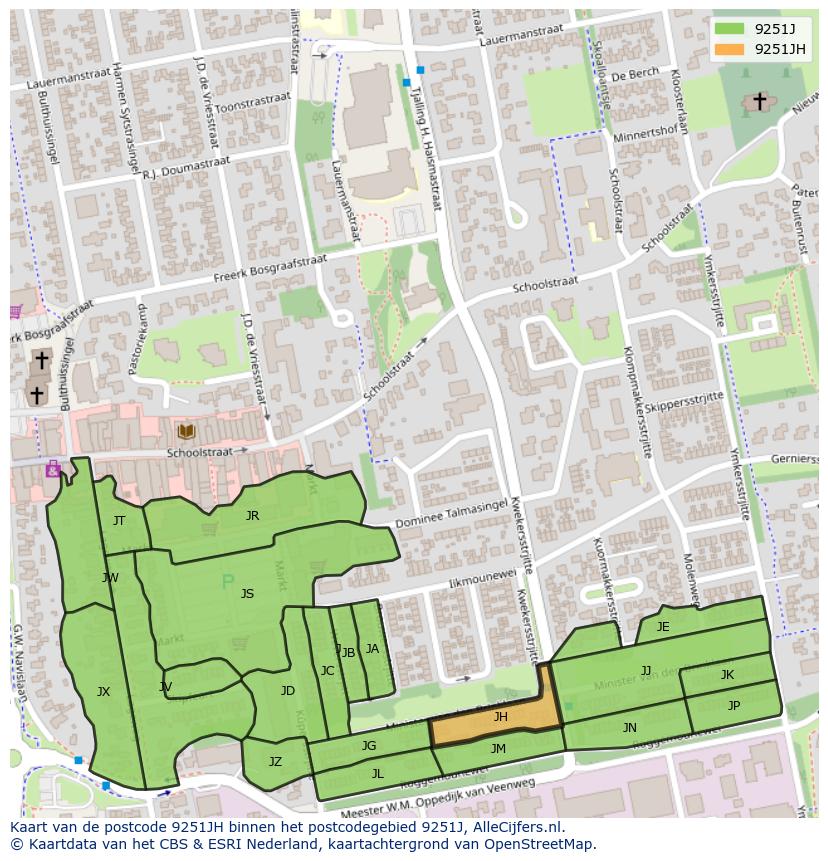 Afbeelding van het postcodegebied 9251 JH op de kaart.