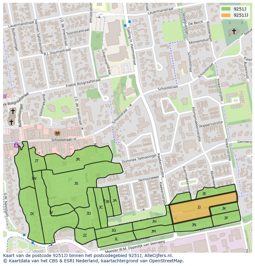 Afbeelding van het postcodegebied 9251 JJ op de kaart.