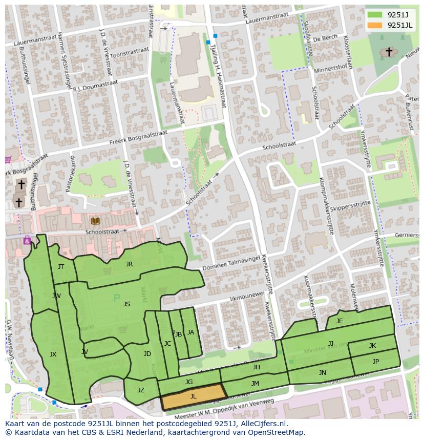 Afbeelding van het postcodegebied 9251 JL op de kaart.