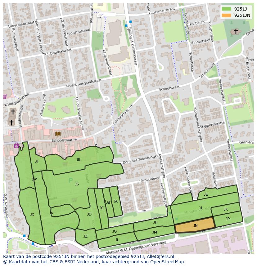 Afbeelding van het postcodegebied 9251 JN op de kaart.