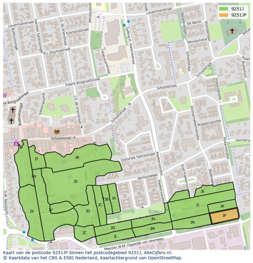 Afbeelding van het postcodegebied 9251 JP op de kaart.