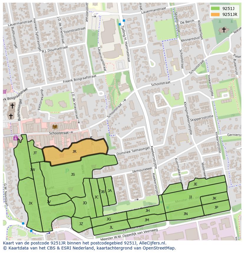 Afbeelding van het postcodegebied 9251 JR op de kaart.