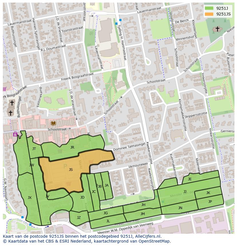 Afbeelding van het postcodegebied 9251 JS op de kaart.