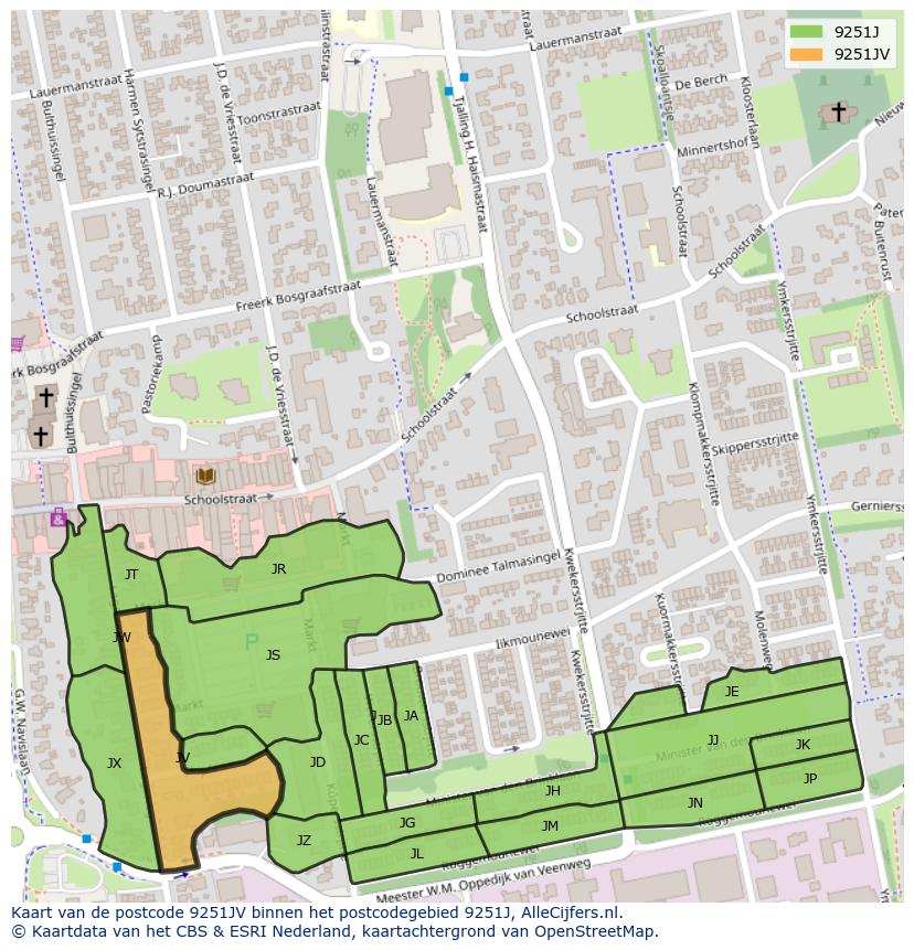 Afbeelding van het postcodegebied 9251 JV op de kaart.