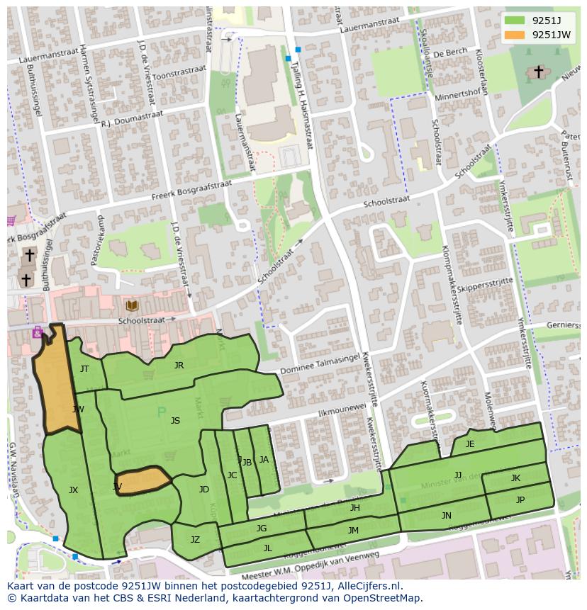 Afbeelding van het postcodegebied 9251 JW op de kaart.