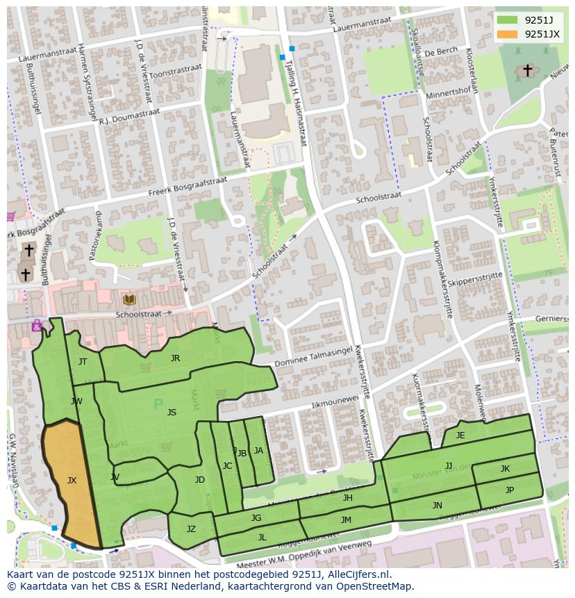 Afbeelding van het postcodegebied 9251 JX op de kaart.