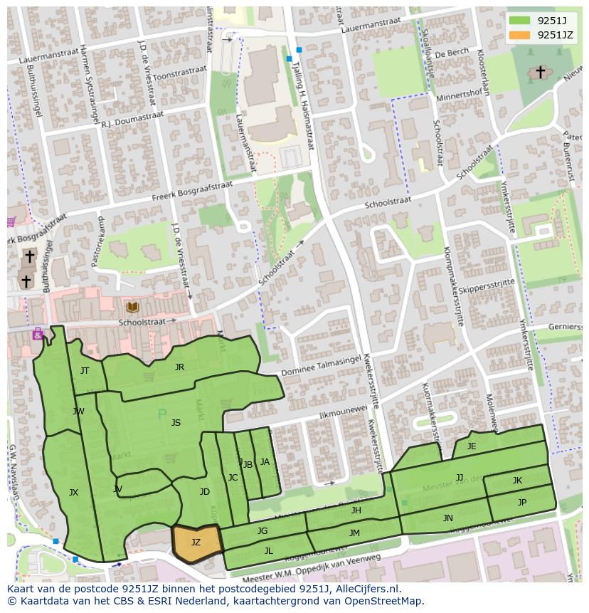 Afbeelding van het postcodegebied 9251 JZ op de kaart.