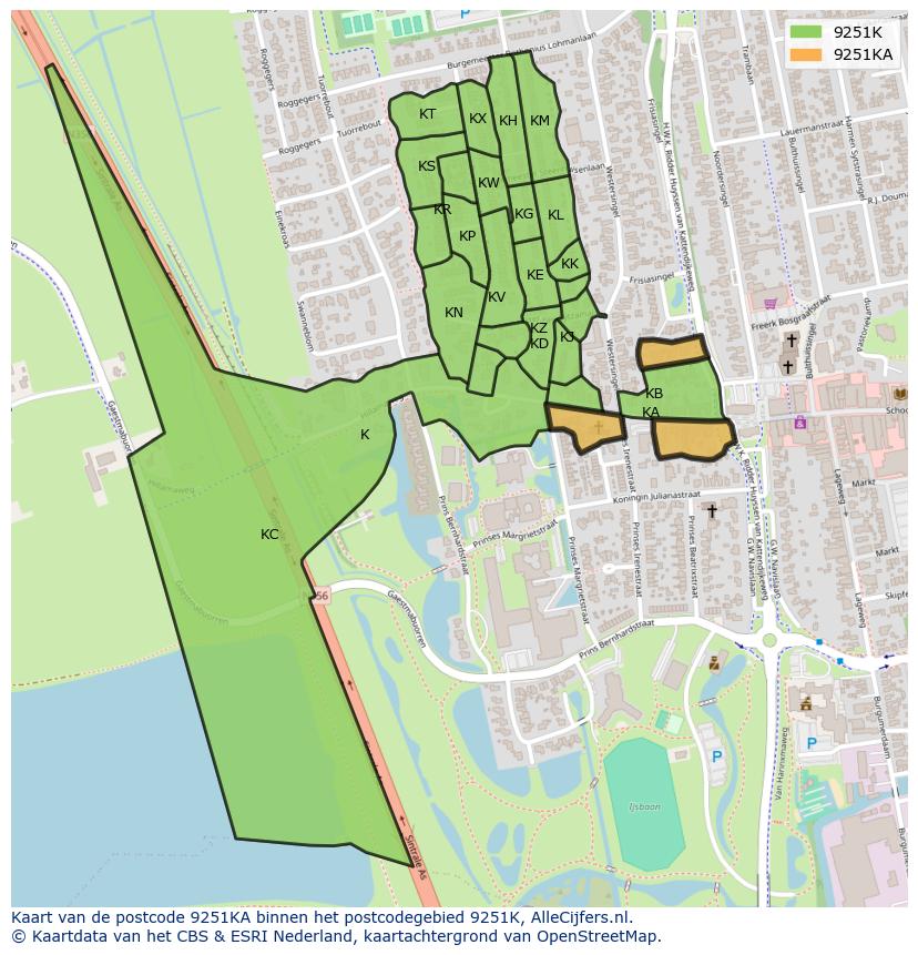 Afbeelding van het postcodegebied 9251 KA op de kaart.