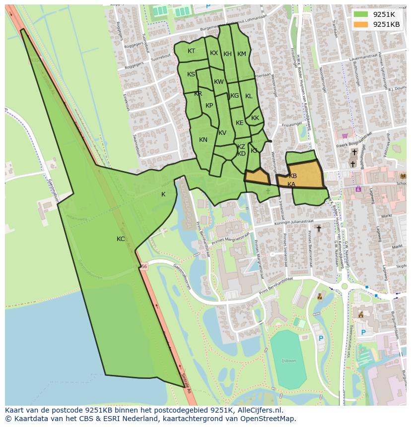 Afbeelding van het postcodegebied 9251 KB op de kaart.