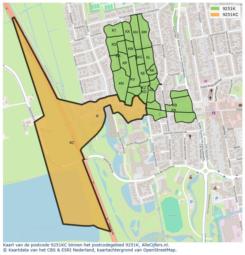 Afbeelding van het postcodegebied 9251 KC op de kaart.