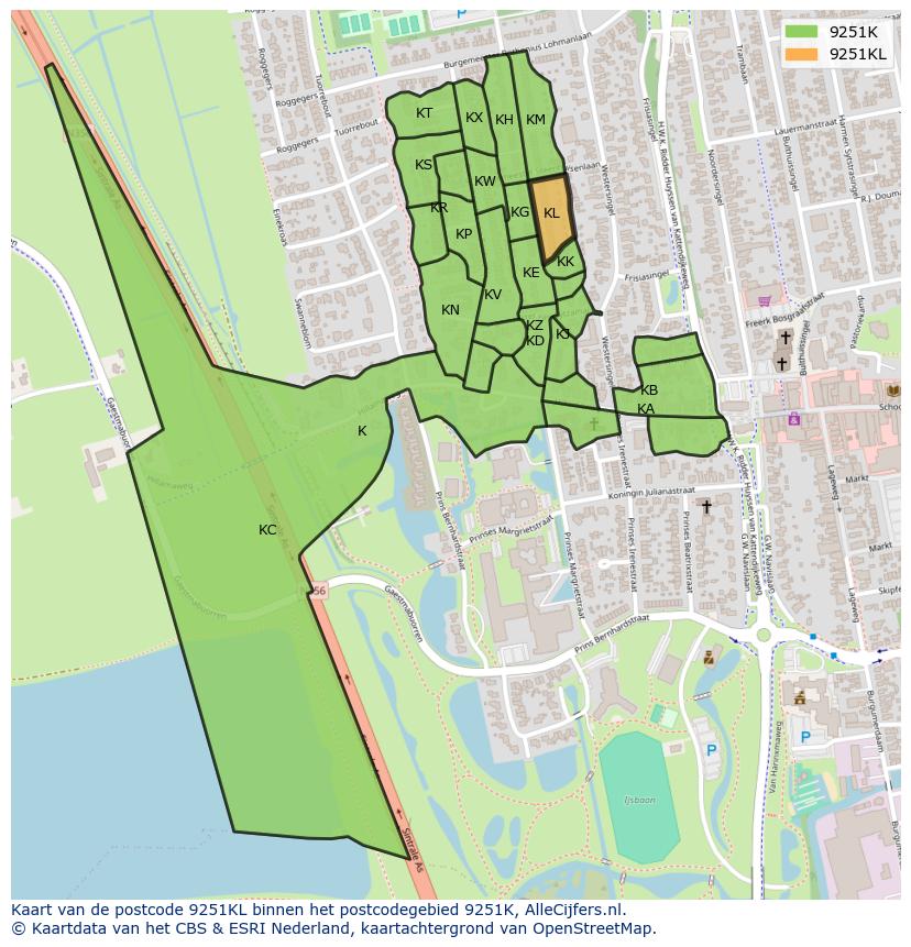 Afbeelding van het postcodegebied 9251 KL op de kaart.