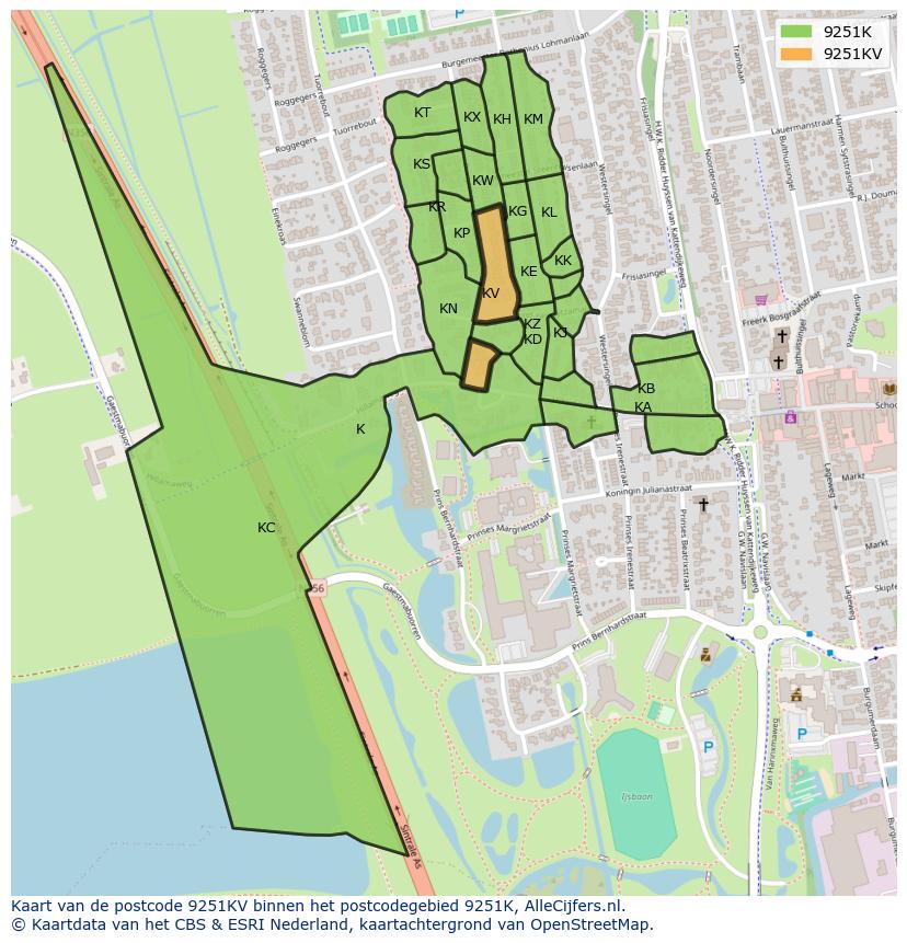 Afbeelding van het postcodegebied 9251 KV op de kaart.