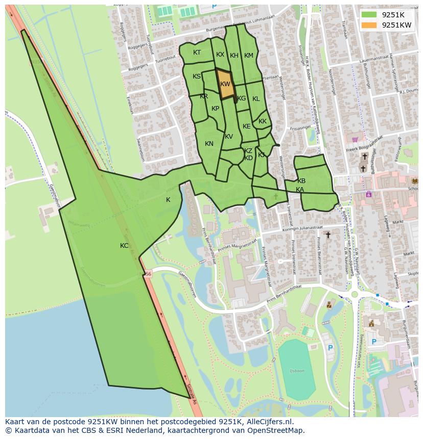 Afbeelding van het postcodegebied 9251 KW op de kaart.