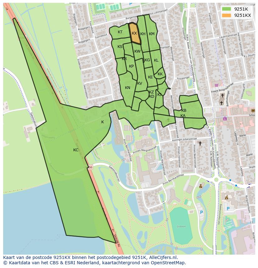 Afbeelding van het postcodegebied 9251 KX op de kaart.