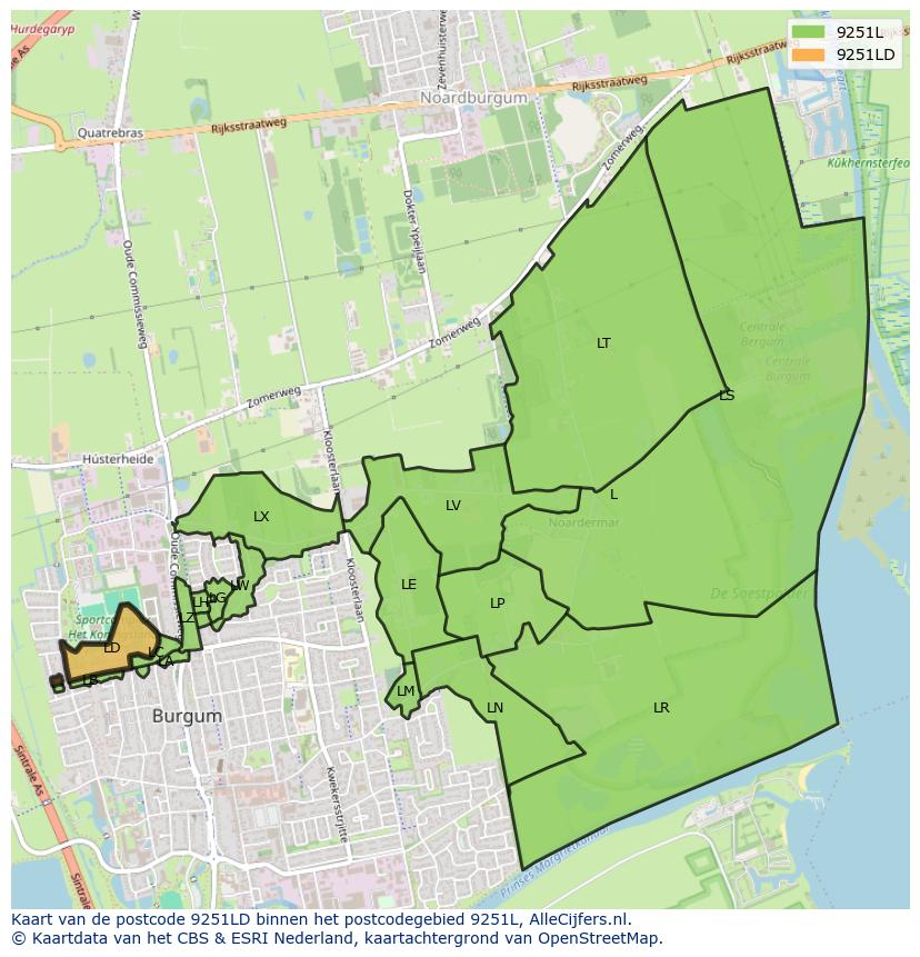 Afbeelding van het postcodegebied 9251 LD op de kaart.