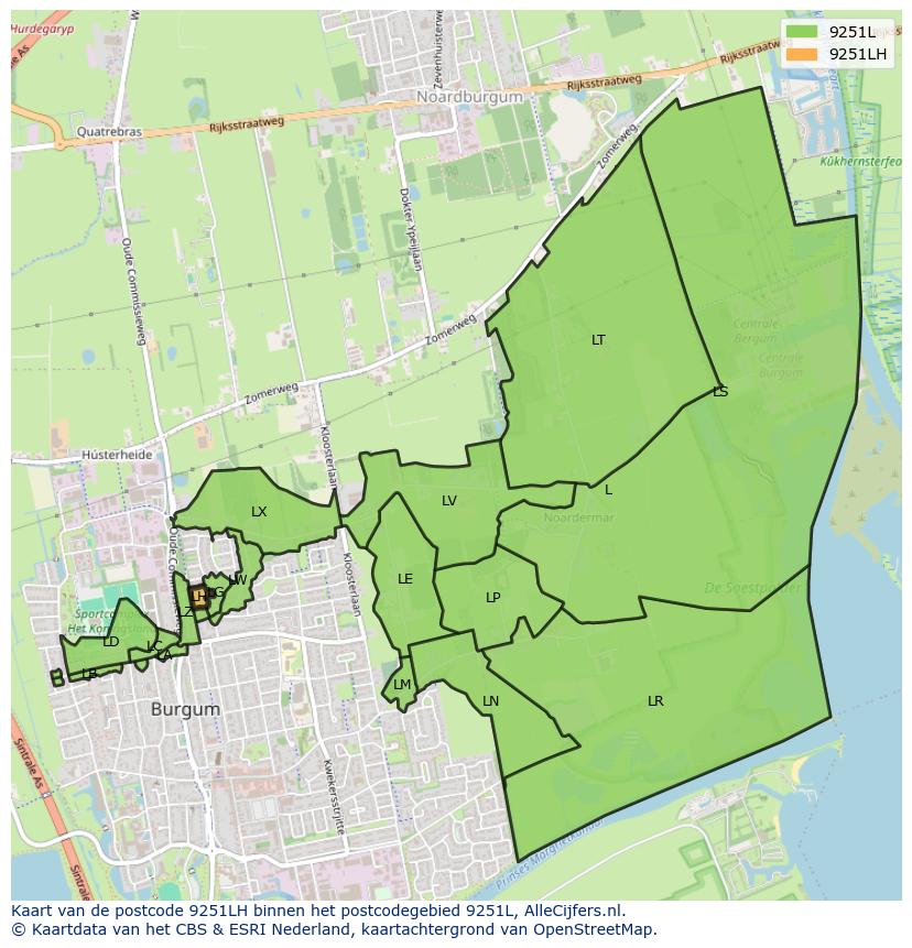 Afbeelding van het postcodegebied 9251 LH op de kaart.