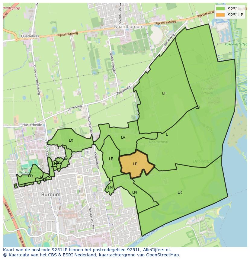 Afbeelding van het postcodegebied 9251 LP op de kaart.