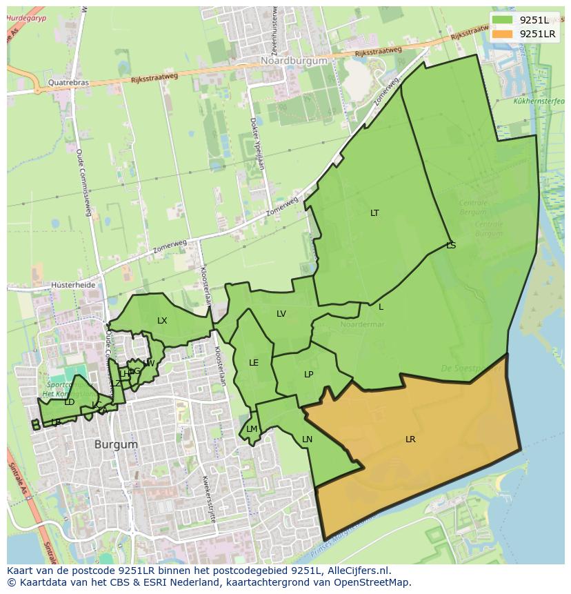 Afbeelding van het postcodegebied 9251 LR op de kaart.