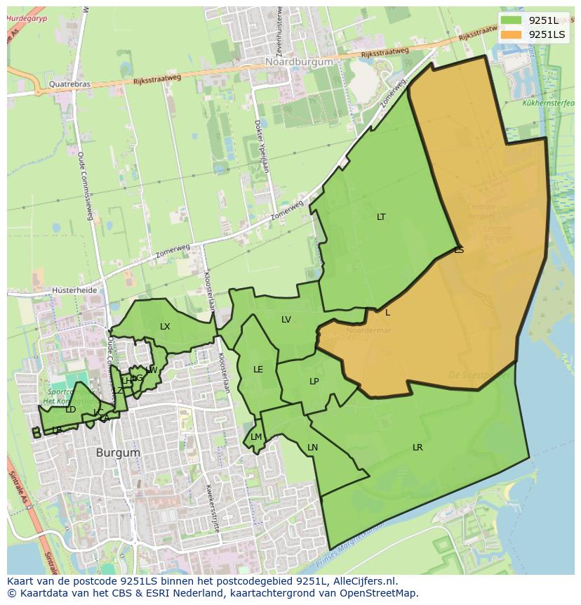 Afbeelding van het postcodegebied 9251 LS op de kaart.