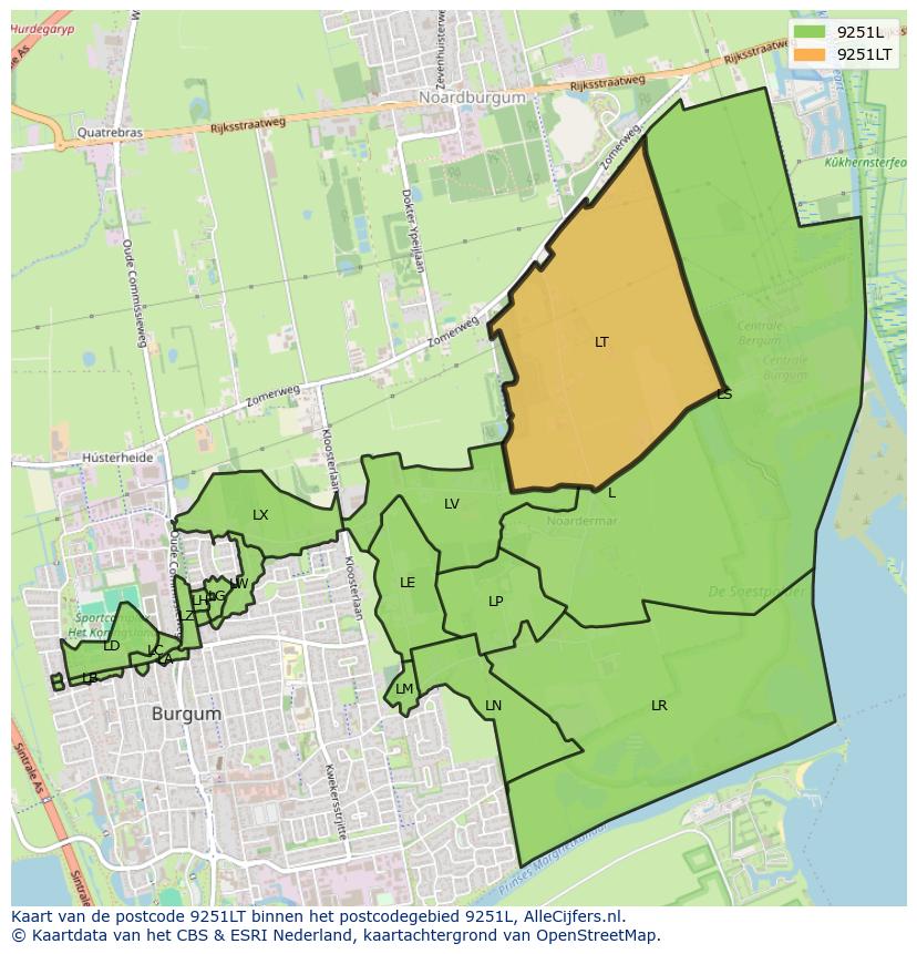 Afbeelding van het postcodegebied 9251 LT op de kaart.