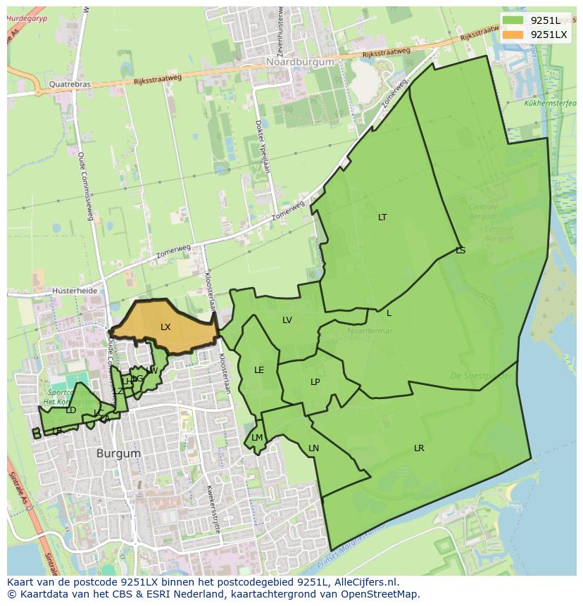 Afbeelding van het postcodegebied 9251 LX op de kaart.