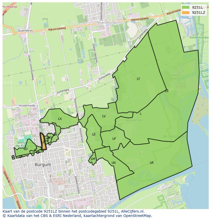 Afbeelding van het postcodegebied 9251 LZ op de kaart.