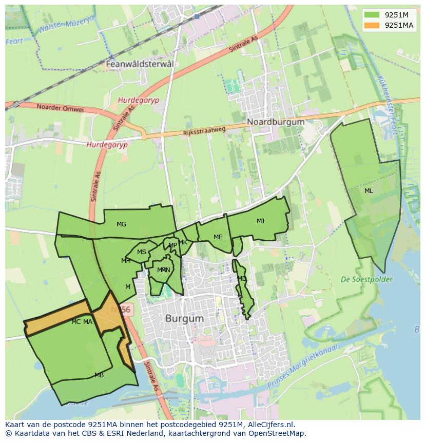 Afbeelding van het postcodegebied 9251 MA op de kaart.