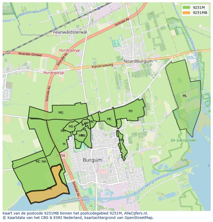 Afbeelding van het postcodegebied 9251 MB op de kaart.