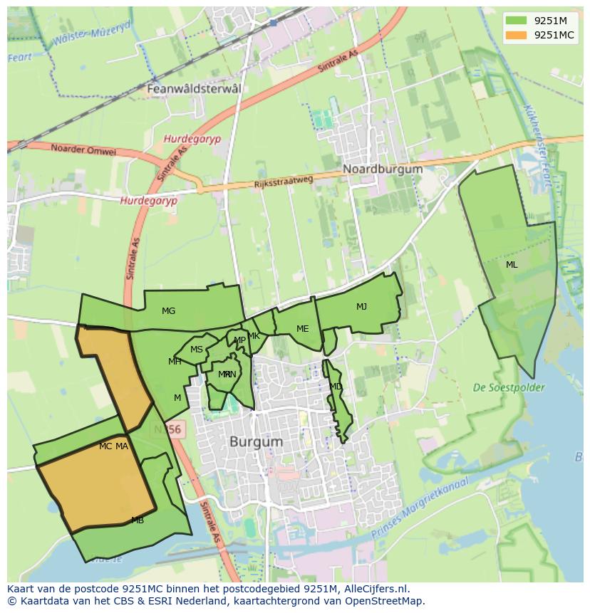 Afbeelding van het postcodegebied 9251 MC op de kaart.