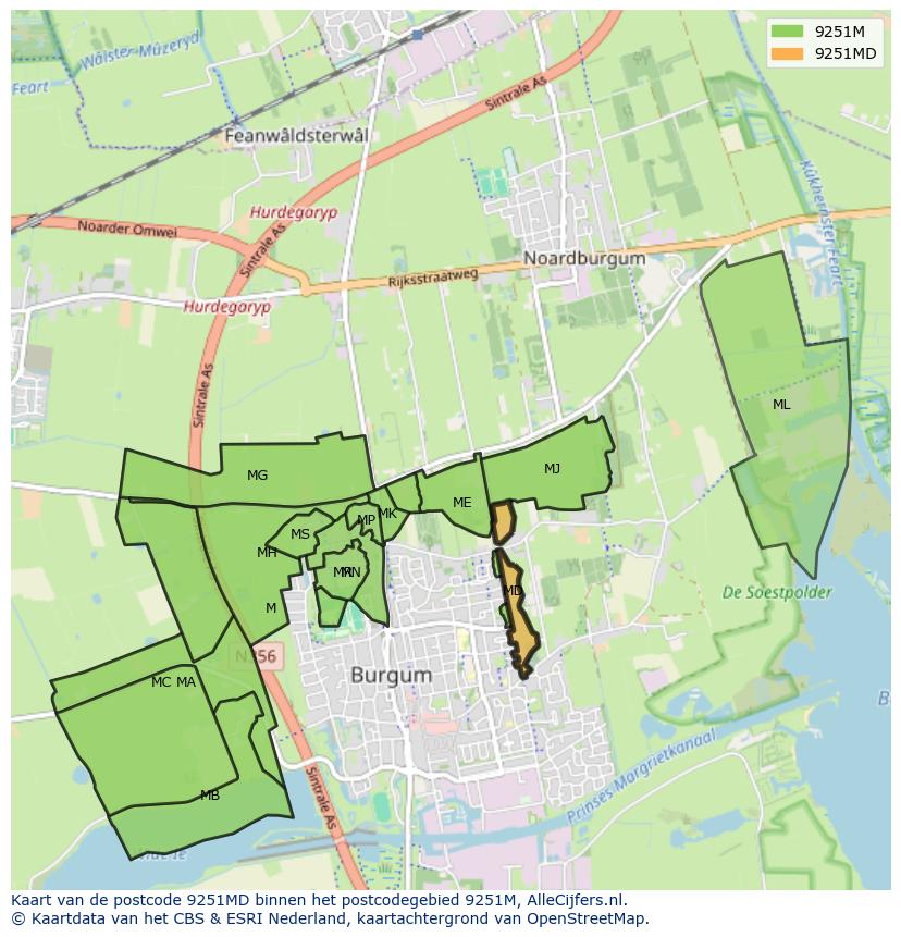Afbeelding van het postcodegebied 9251 MD op de kaart.