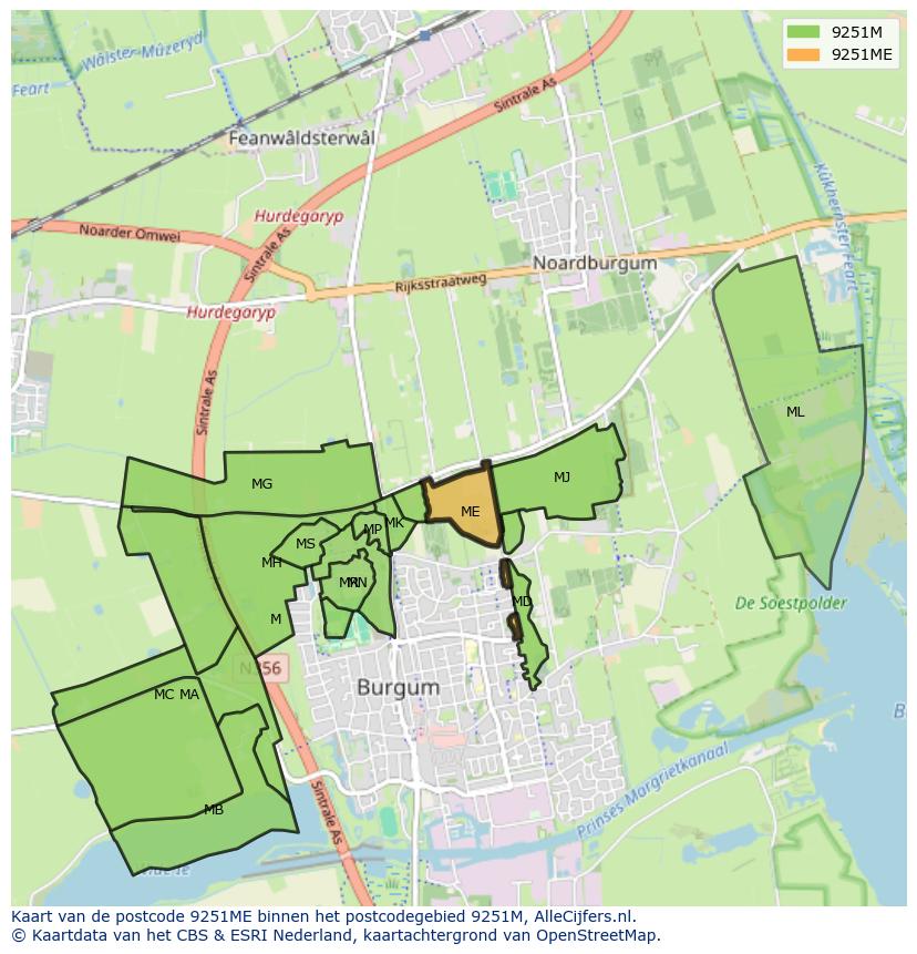 Afbeelding van het postcodegebied 9251 ME op de kaart.