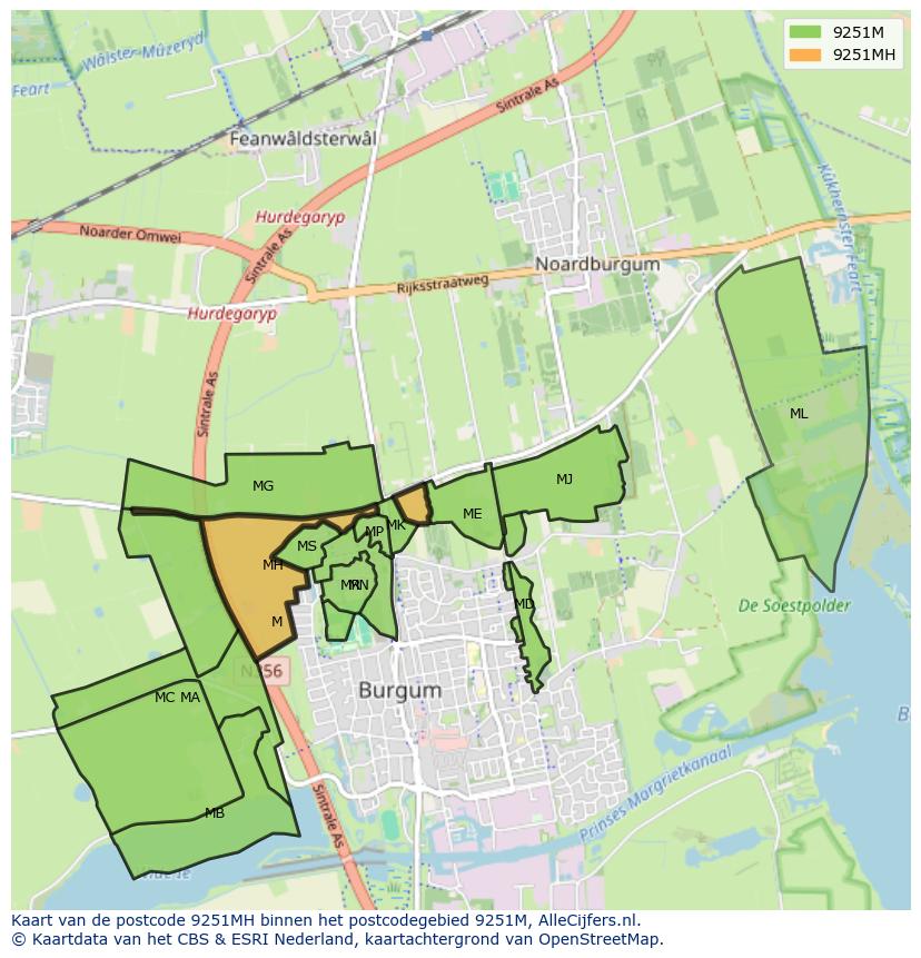 Afbeelding van het postcodegebied 9251 MH op de kaart.