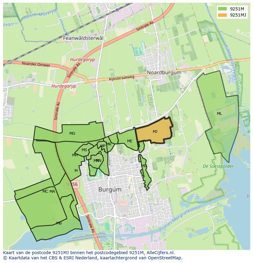 Afbeelding van het postcodegebied 9251 MJ op de kaart.