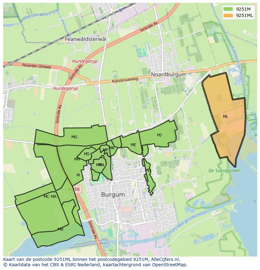 Afbeelding van het postcodegebied 9251 ML op de kaart.