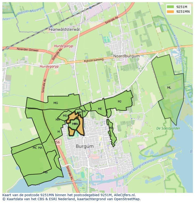 Afbeelding van het postcodegebied 9251 MN op de kaart.