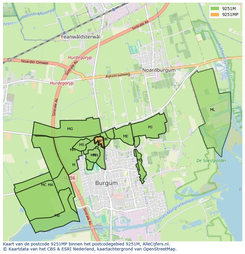 Afbeelding van het postcodegebied 9251 MP op de kaart.