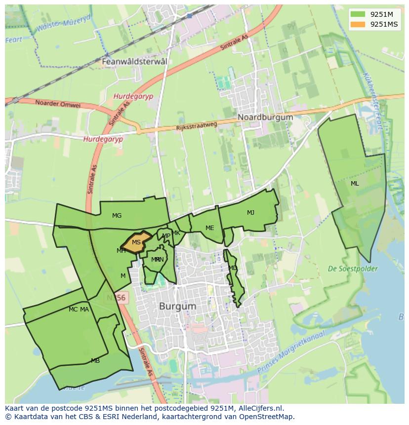 Afbeelding van het postcodegebied 9251 MS op de kaart.