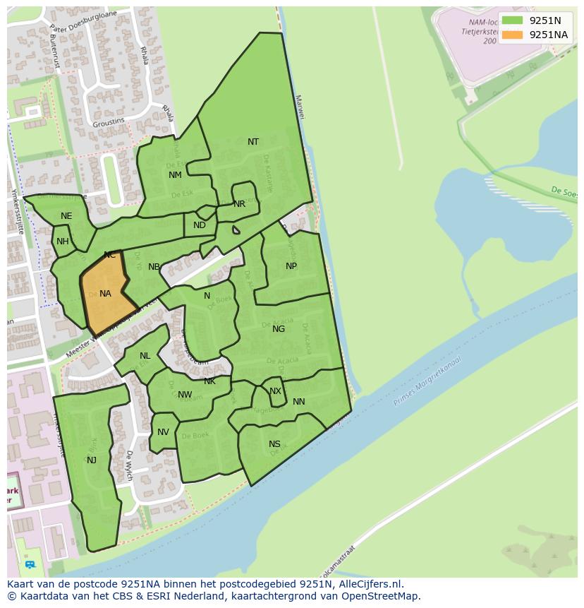 Afbeelding van het postcodegebied 9251 NA op de kaart.
